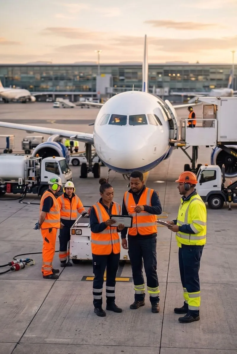 Airport ground crew in safety vests coordinating in front of a parked airplane at the gate during sunset.