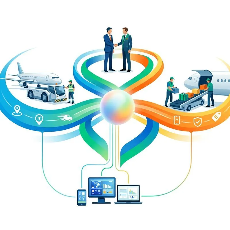 Illustration of airport logistics with staff handling luggage, airplane towing, and two businessmen shaking hands connected to mobile and computer devices.