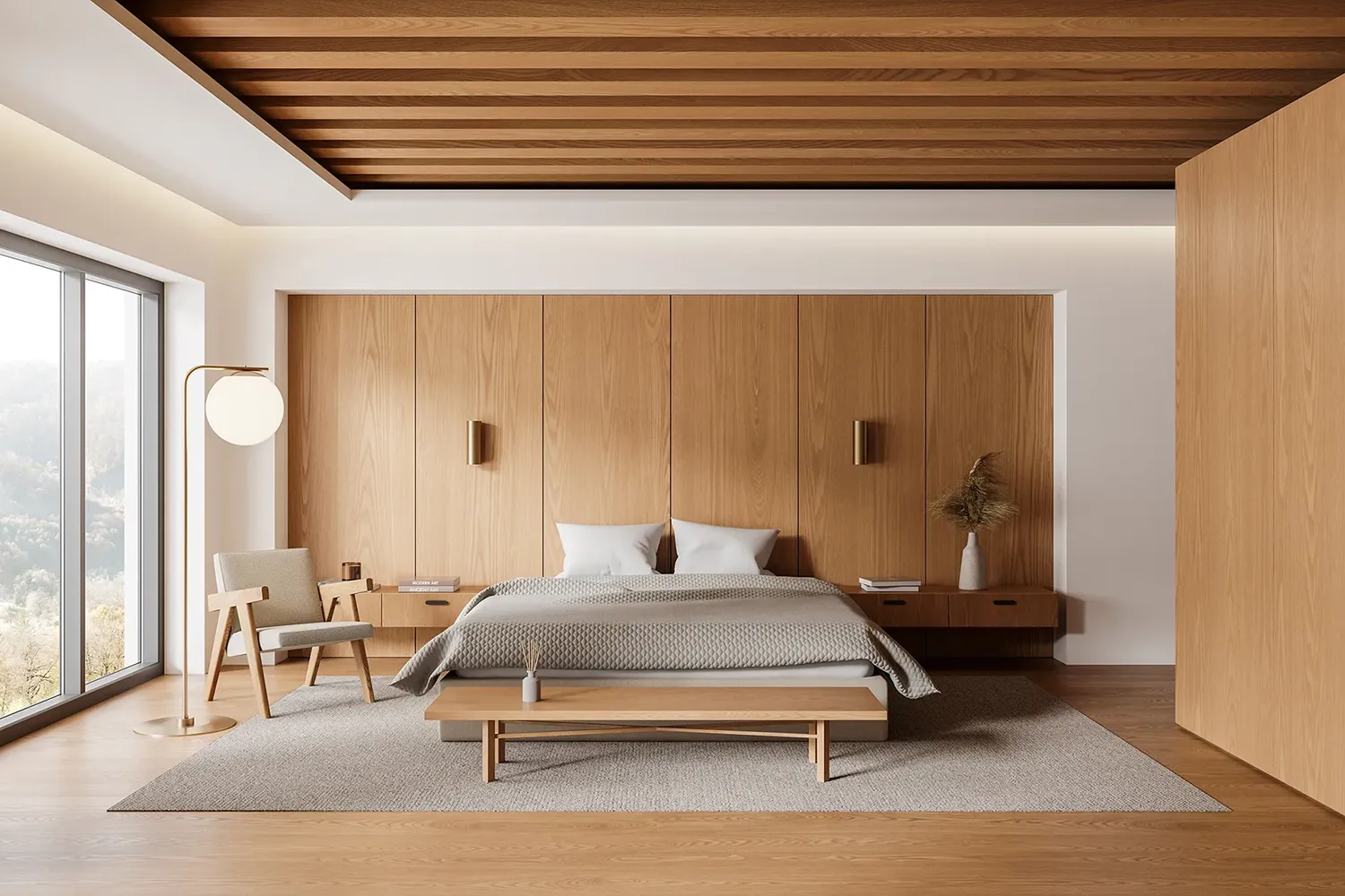 Modernes Schlafzimmer mit Holzwänden, großem Bett, Sessel und einer großen Fensterfront.