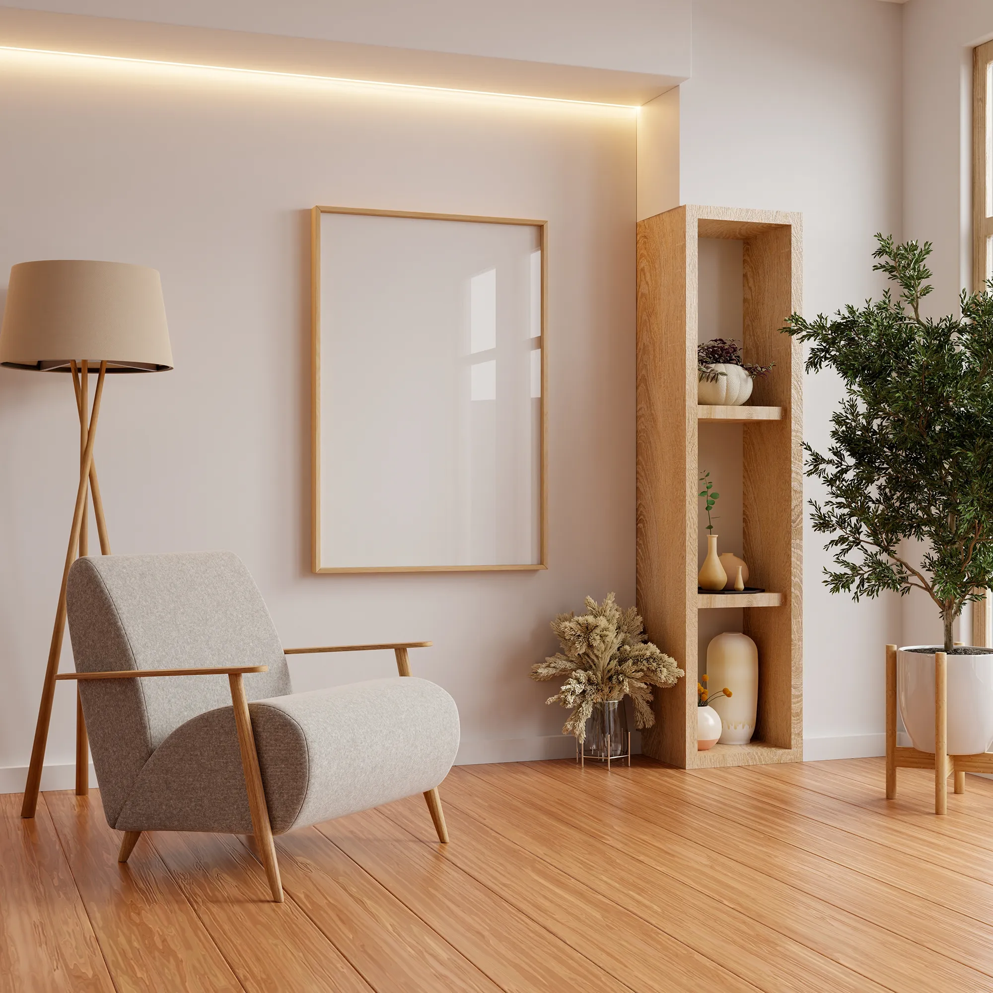 Gemütlicher grauer Sessel mit Holzrahmen neben Stehlampe, Holzregal mit Dekor und Pflanzen in modernem Wohnzimmer.