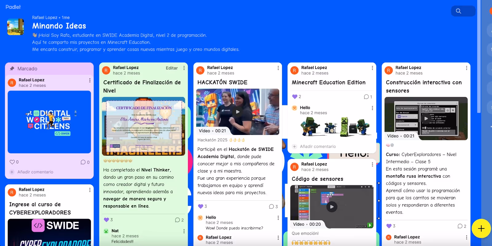 Página de Padlet con publicaciones de Rafael Lopez mostrando proyectos de Minecraft Education y programación, incluyendo certificaciones, hackatón SWIDE, sensores y curso CyberExploradores.