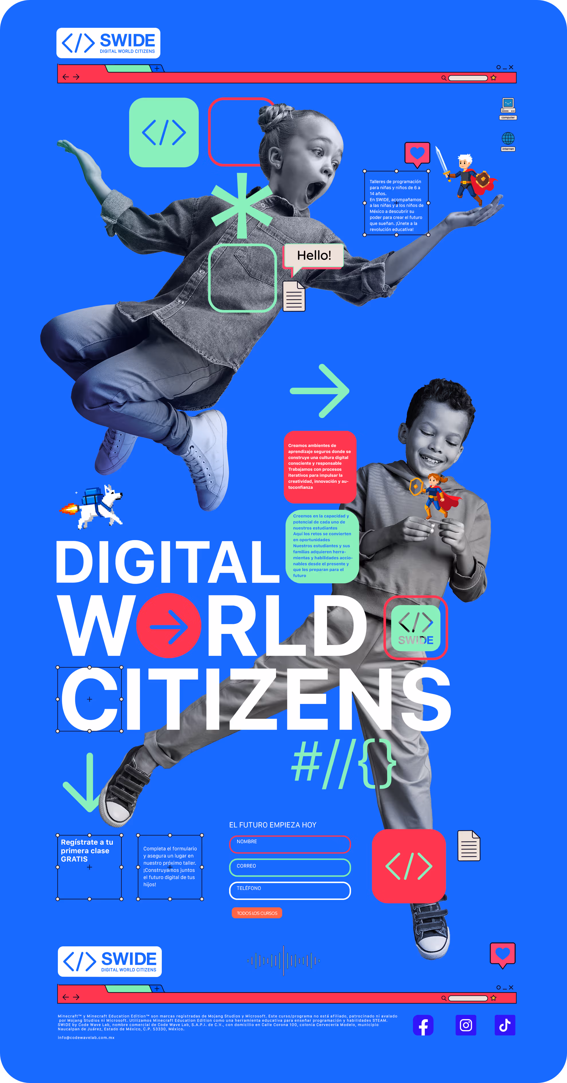 Cartel azul con niños felices en posición dinámica y texto sobre talleres de programación para niños, registro gratuito y formulario de inscripción.