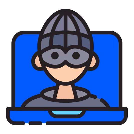 Icono de un hacker con máscara y gorro entrando desde una computadora portátil azul.