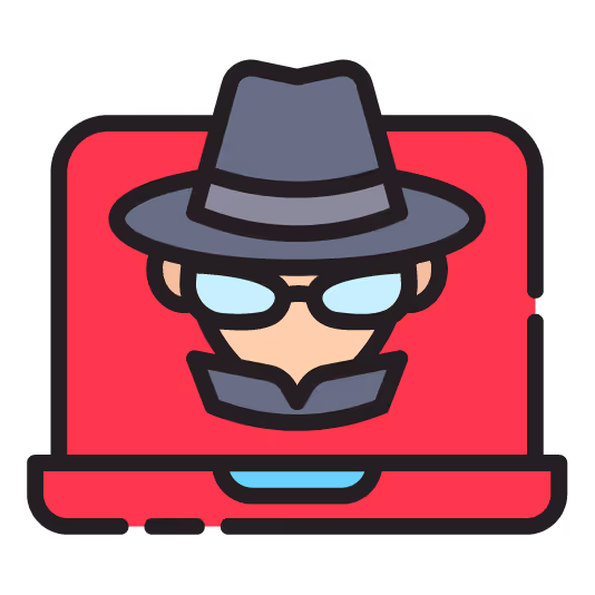 Icono de una persona con sombrero y gafas oscuras frente a una computadora portátil roja, representando la privacidad o modo incógnito.