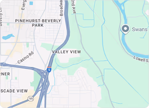 Map showing Pinehurst-Beverly Park, Valley View, nearby highways I-5 and 99, and a marker at Swans location near Lowell Street. - Total Quality Lending Images