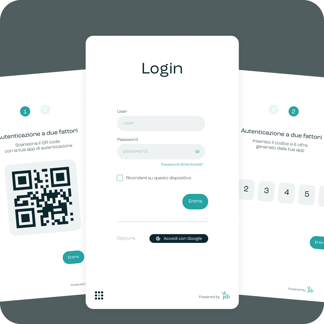 Schermata di login con campi utente e password e opzioni di autenticazione a due fattori con codice QR e codice a 6 cifre.
