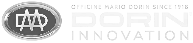 Logo Dorin Innovation con monogramma circolare e testo bianco su sfondo trasparente.