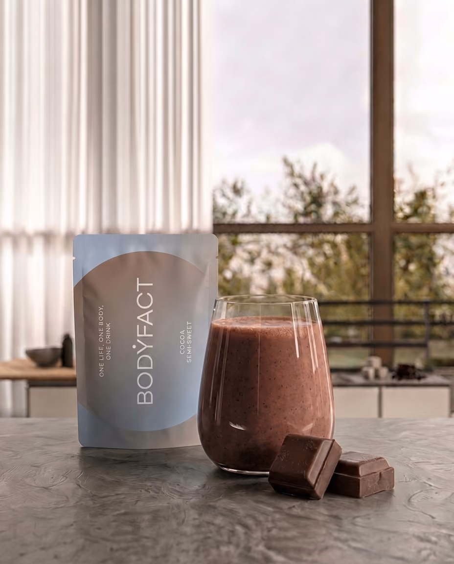 BODYFACT Cocoa Semi Sweet tasak egy pohár kakaós ital mellett, csokoládédarabokkal, nagy ablakos térben.