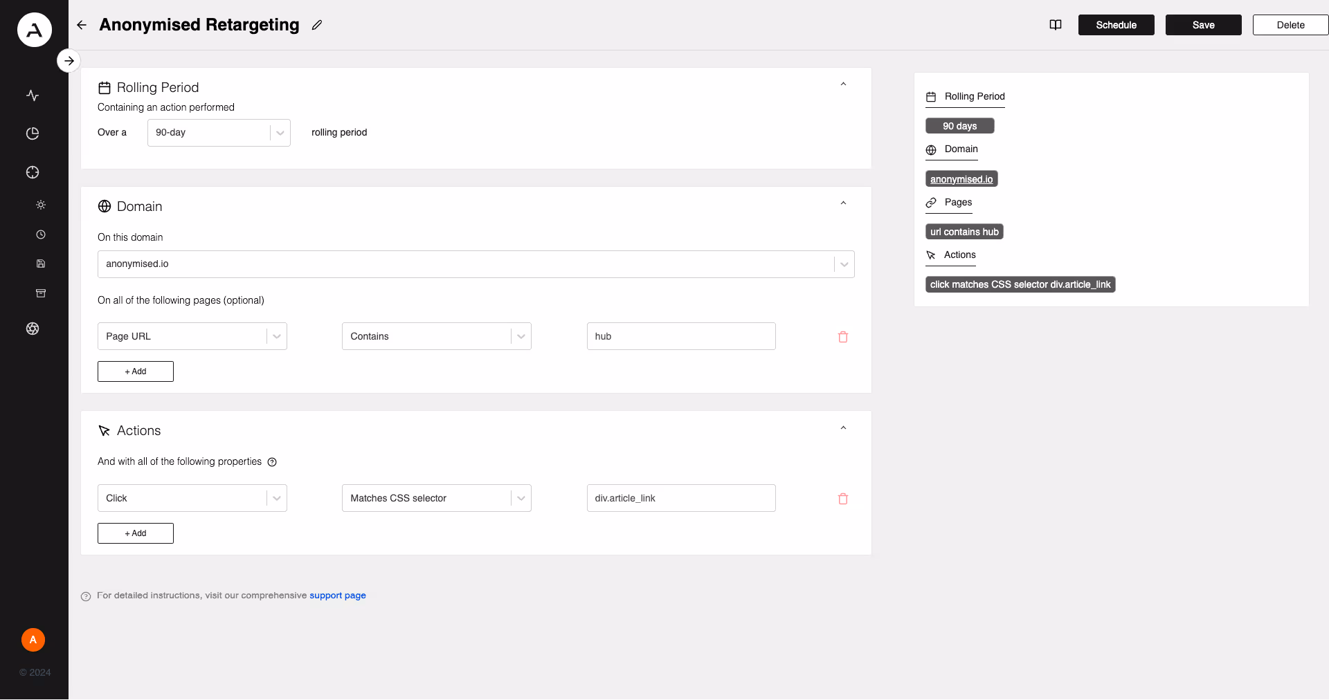 Anonymised retargeting criteria screen