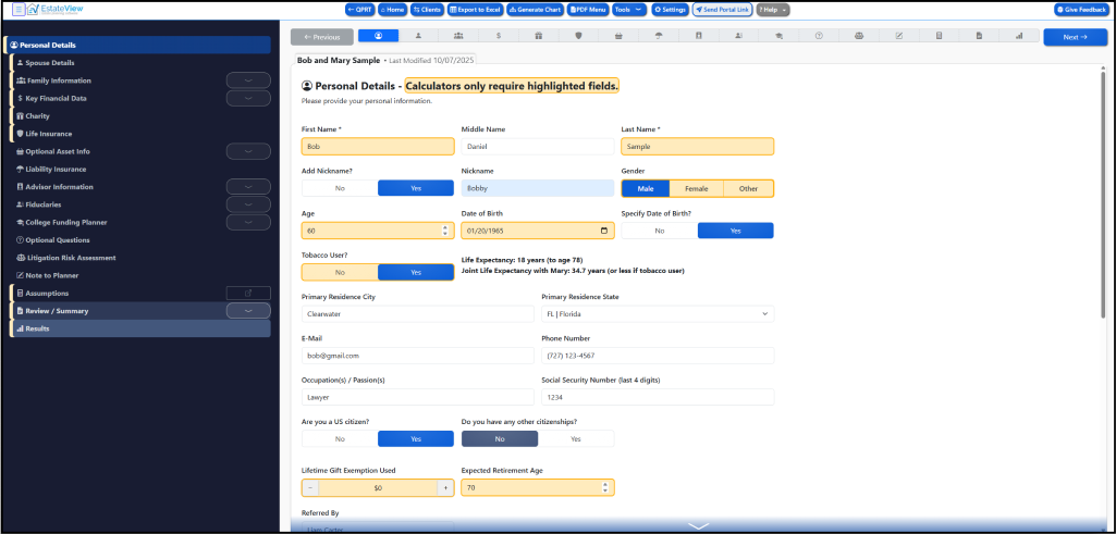 User interface screenshot displaying personal details form fields.