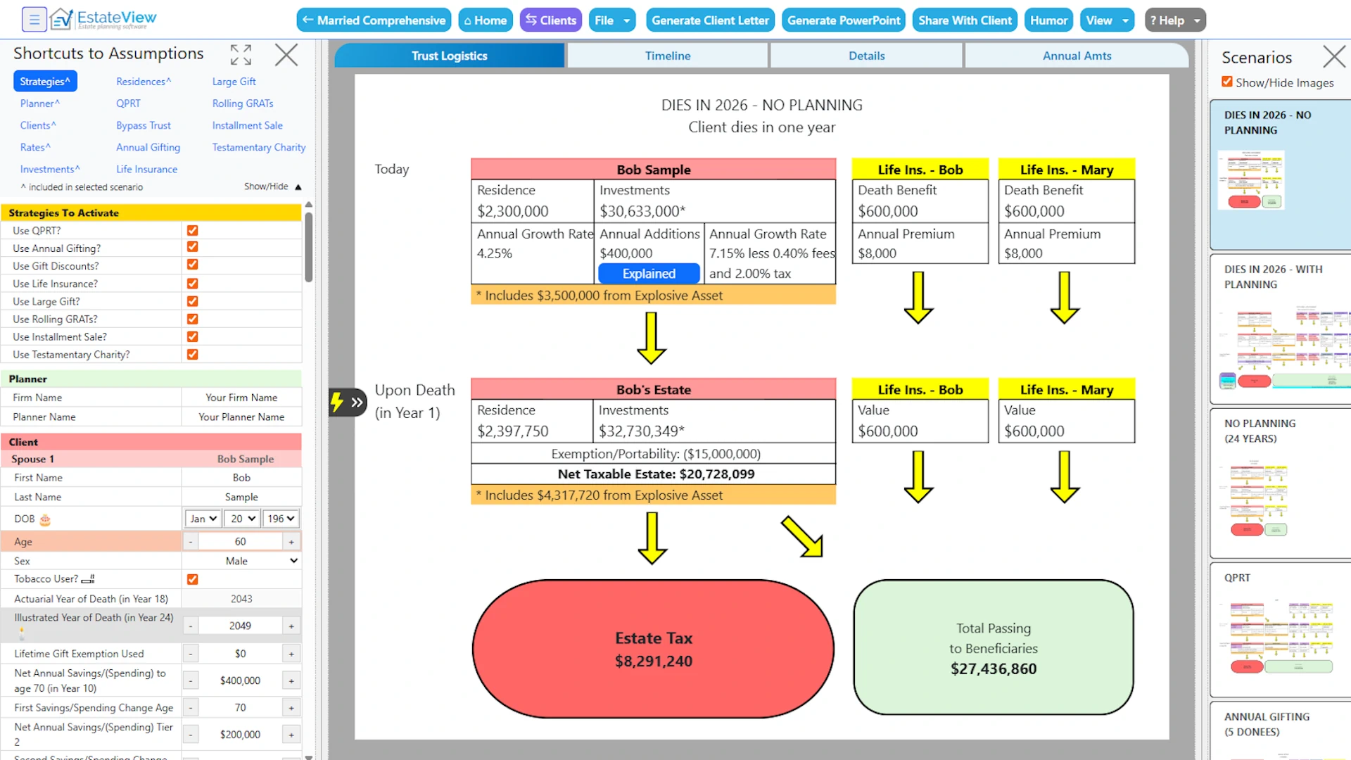 Estate planning comprehensive calculators and charts software