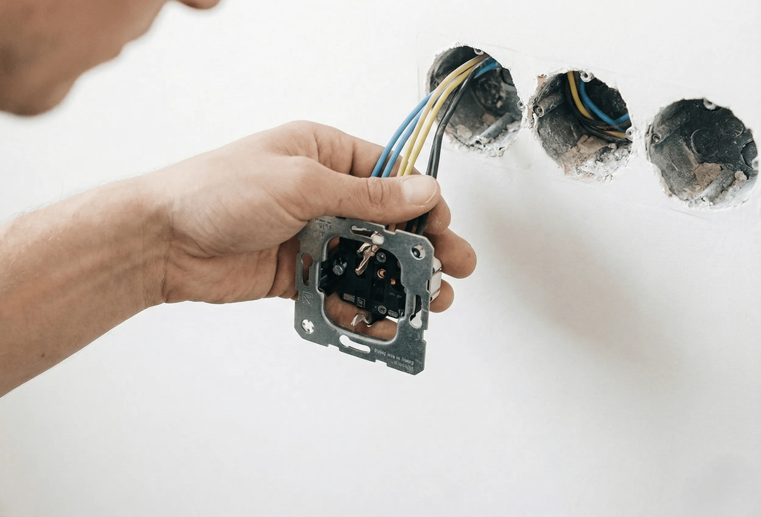 Elektrische Steckdose mit mehreren Kabeln vor einer Wand mit drei runden Unterputzdosen.