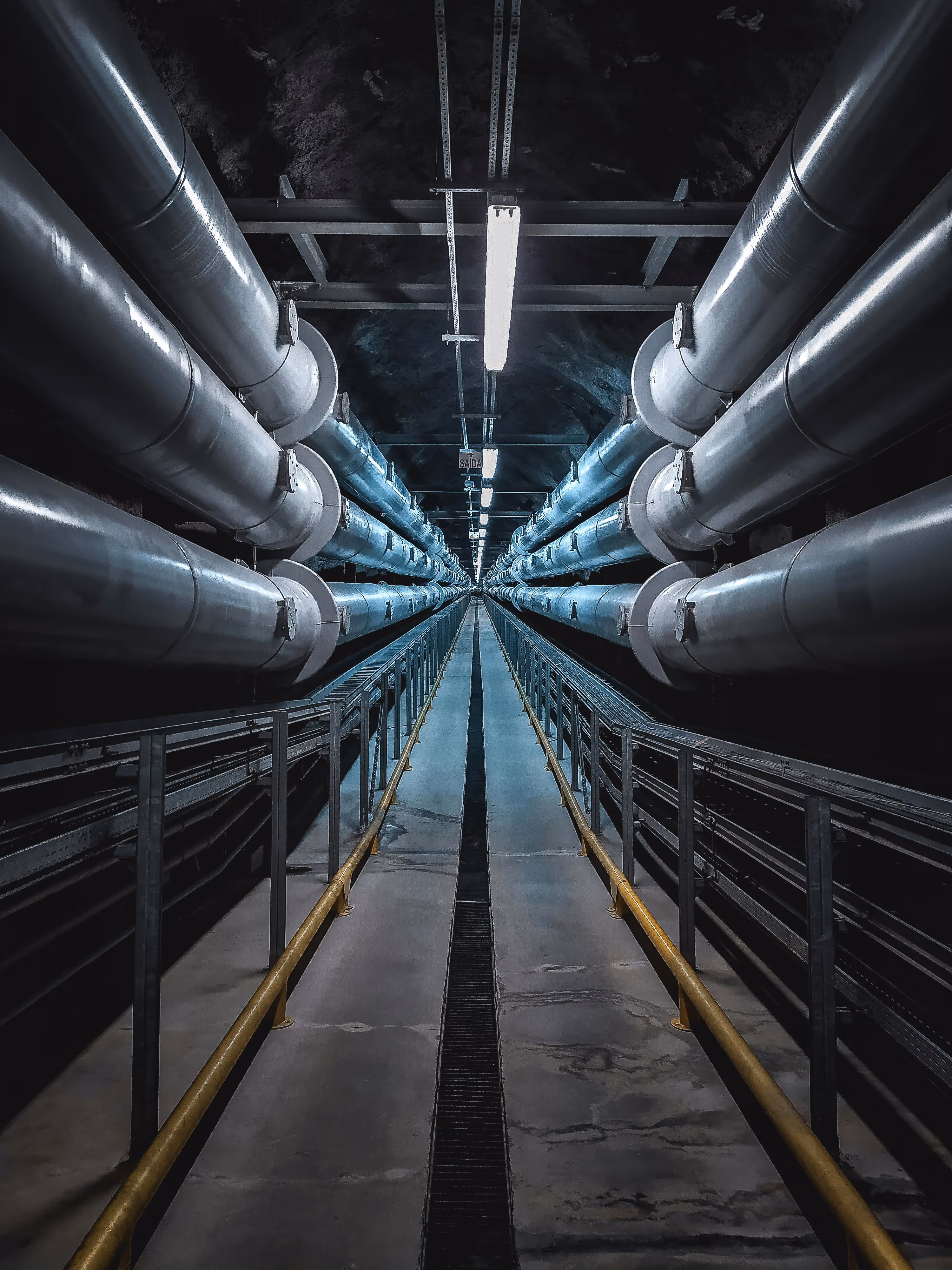 Dark hallway with pipes and guard rails on the sides.