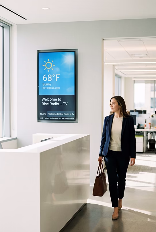 Woman in business attire walking through modern office lobby near digital welcome sign.