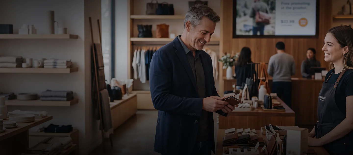 Man in a dark blazer smiling while holding a wallet at a store counter with a female clerk.