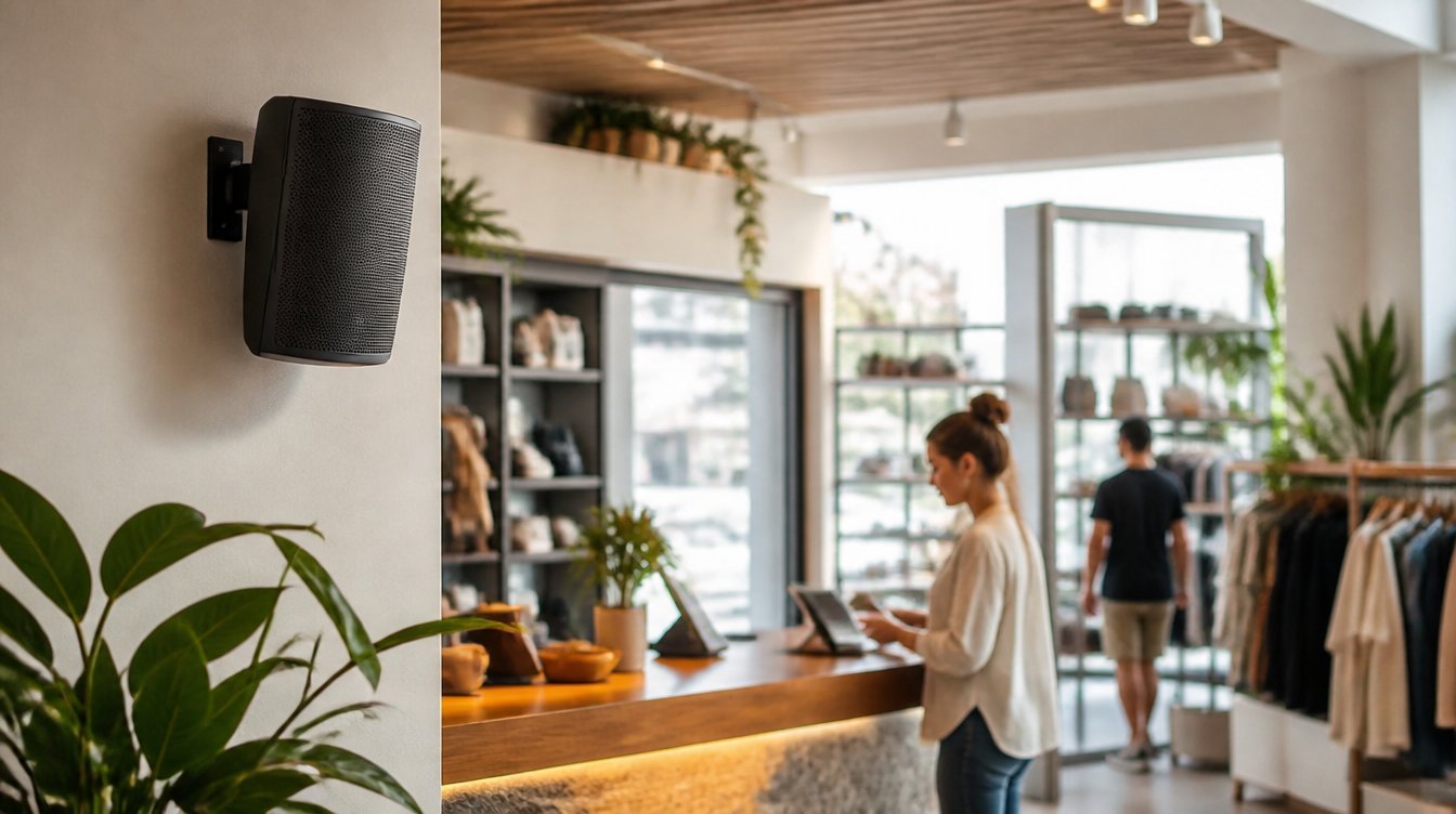 A black speaker mounted on the wall of a bright, modern retail shop with a customer browsing at the counter in the background.