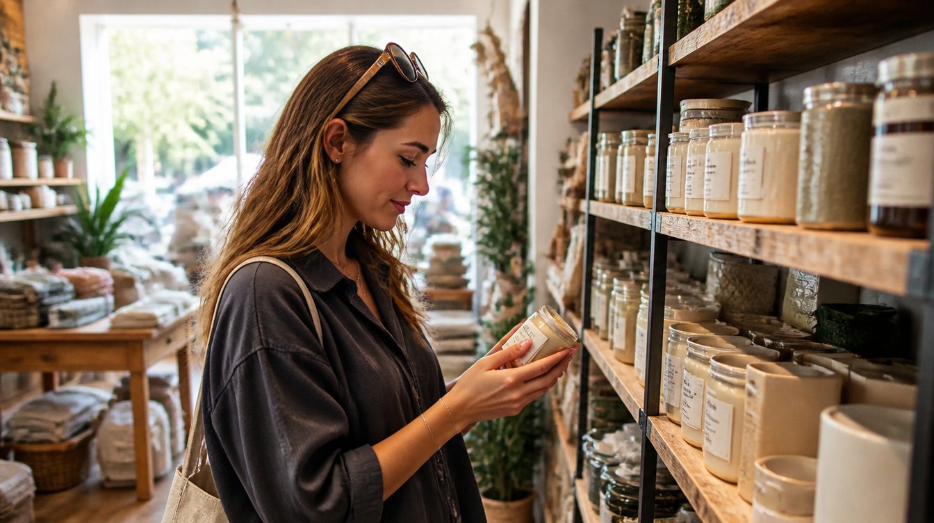 A woman browsing shelves in a boutique shop, examining a product as she takes her time.