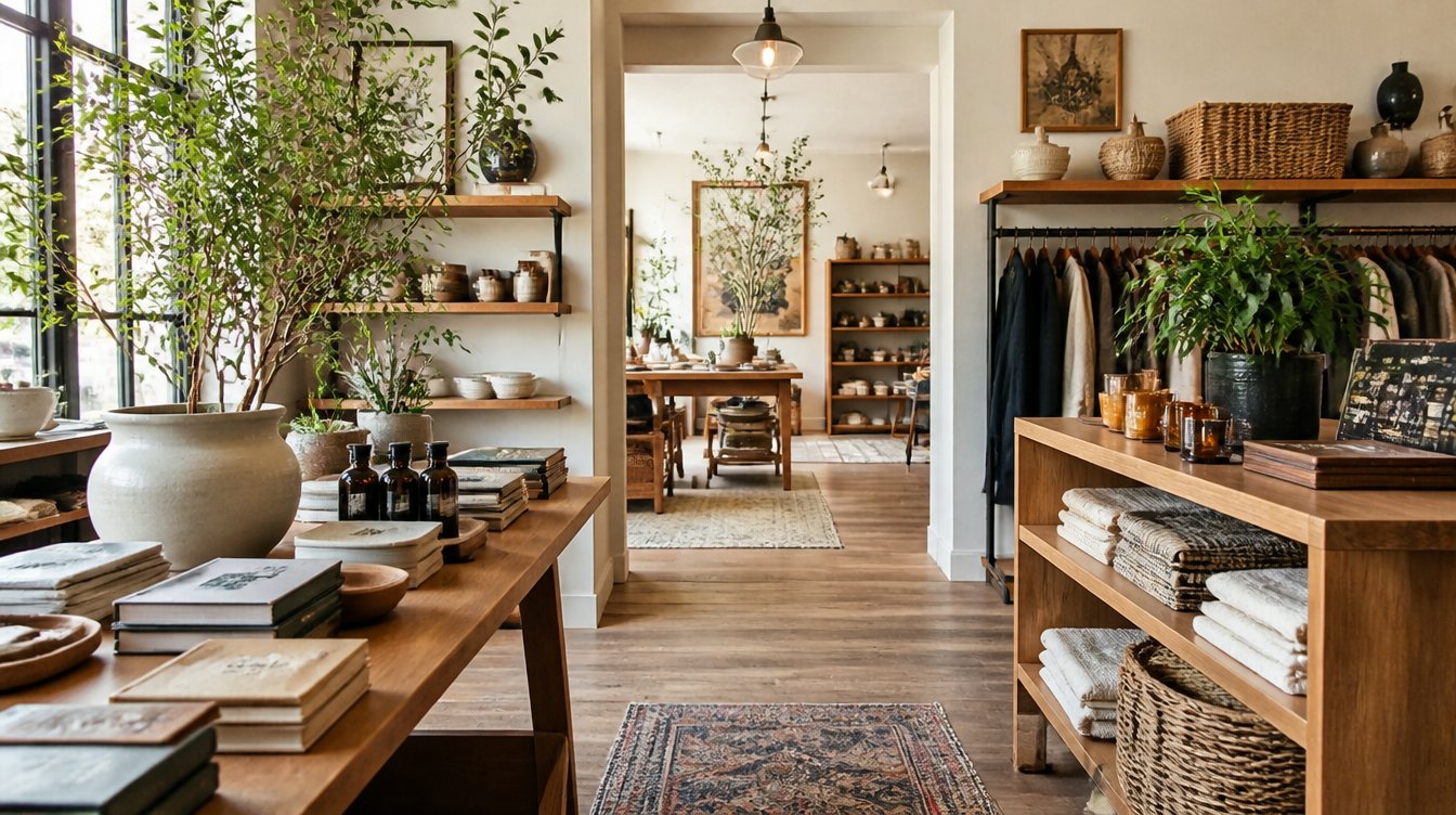 The warm interior of a design-led shop with wood shelving, plants, and curated home goods on display.