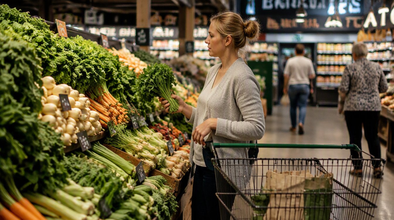 A shopper selecting fresh produce from the display at a busy grocery market.