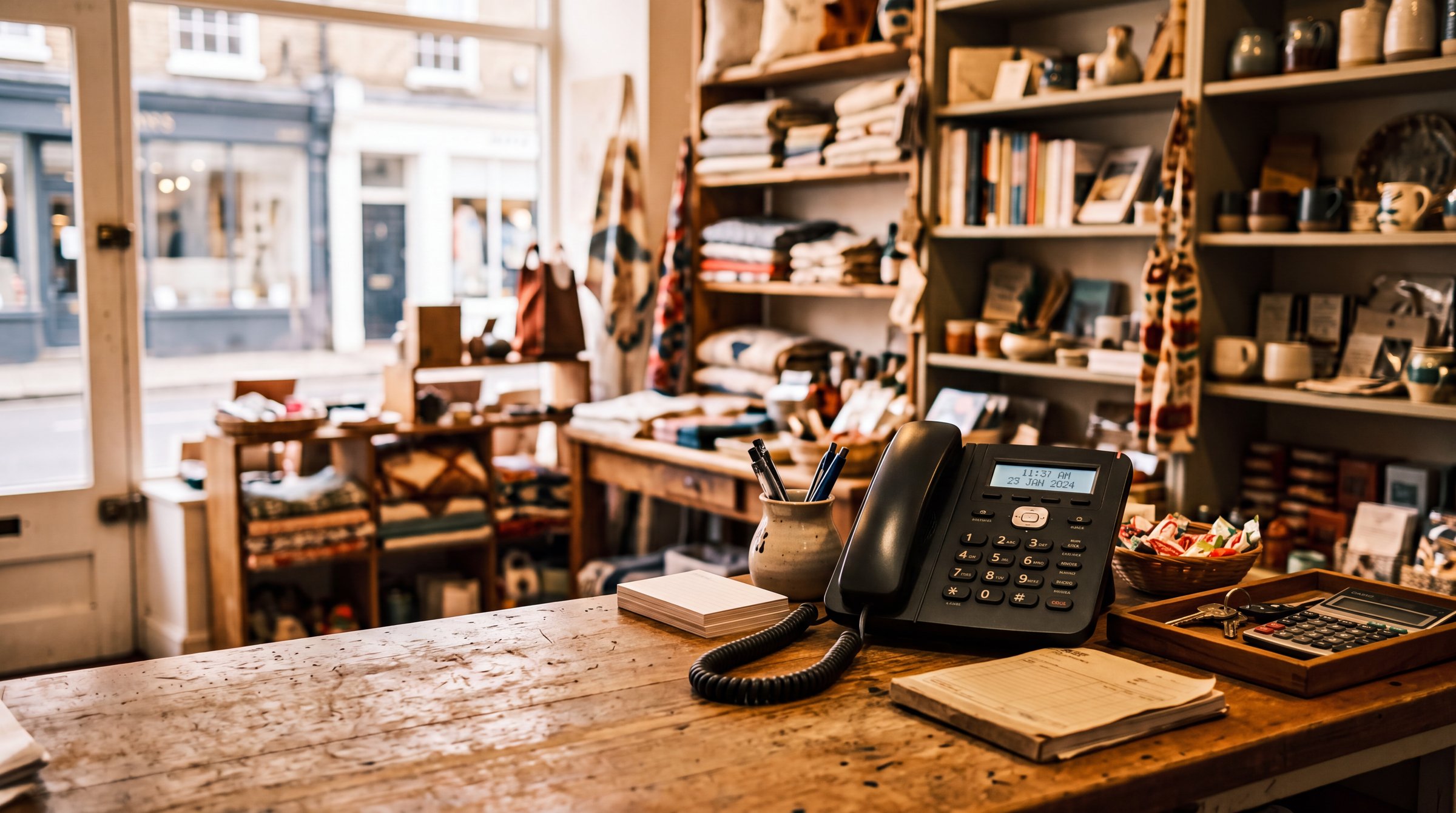 A corded desk telephone on the wooden counter of a small independent shop, with a storefront window behind it.