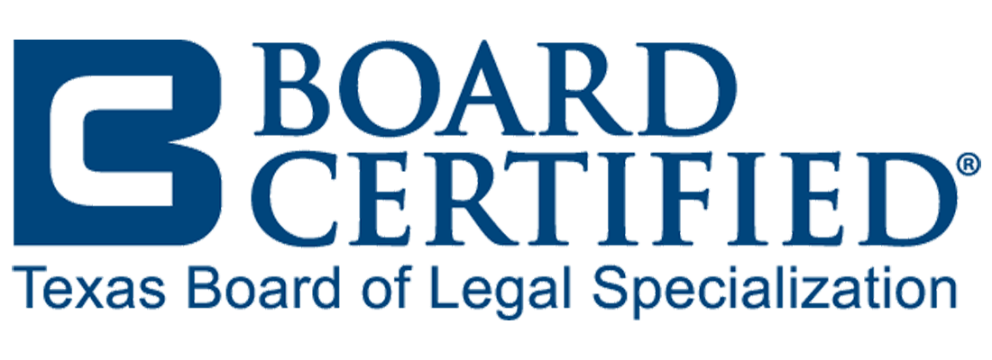 Logo of Texas Board of Legal Specialization with text 'Board Certified'.