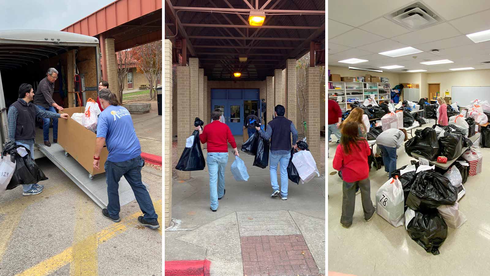 People unloading, carrying, and sorting bags and packages indoors and outdoors at a distribution event.