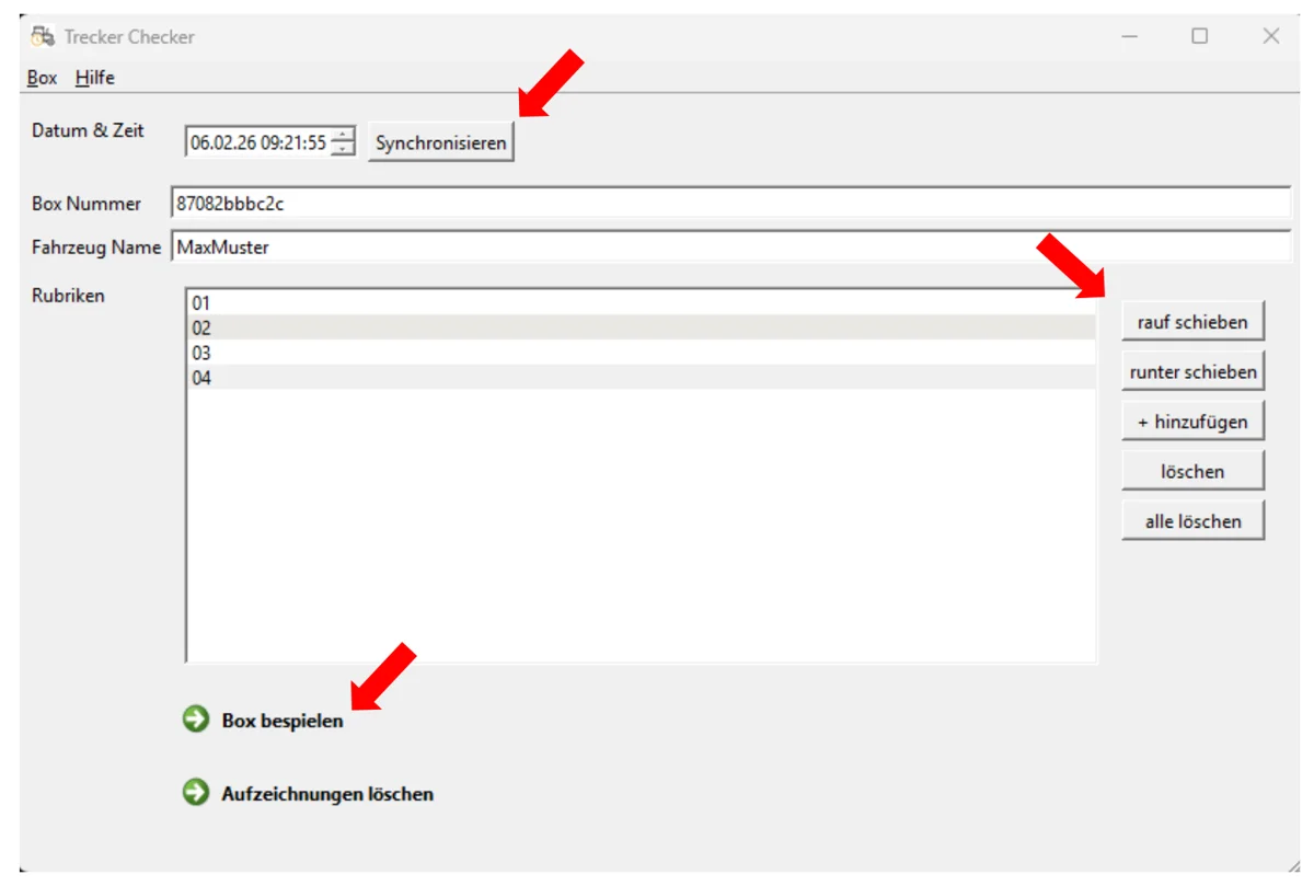 Rubriken-Fenster der Trecker-Checker App