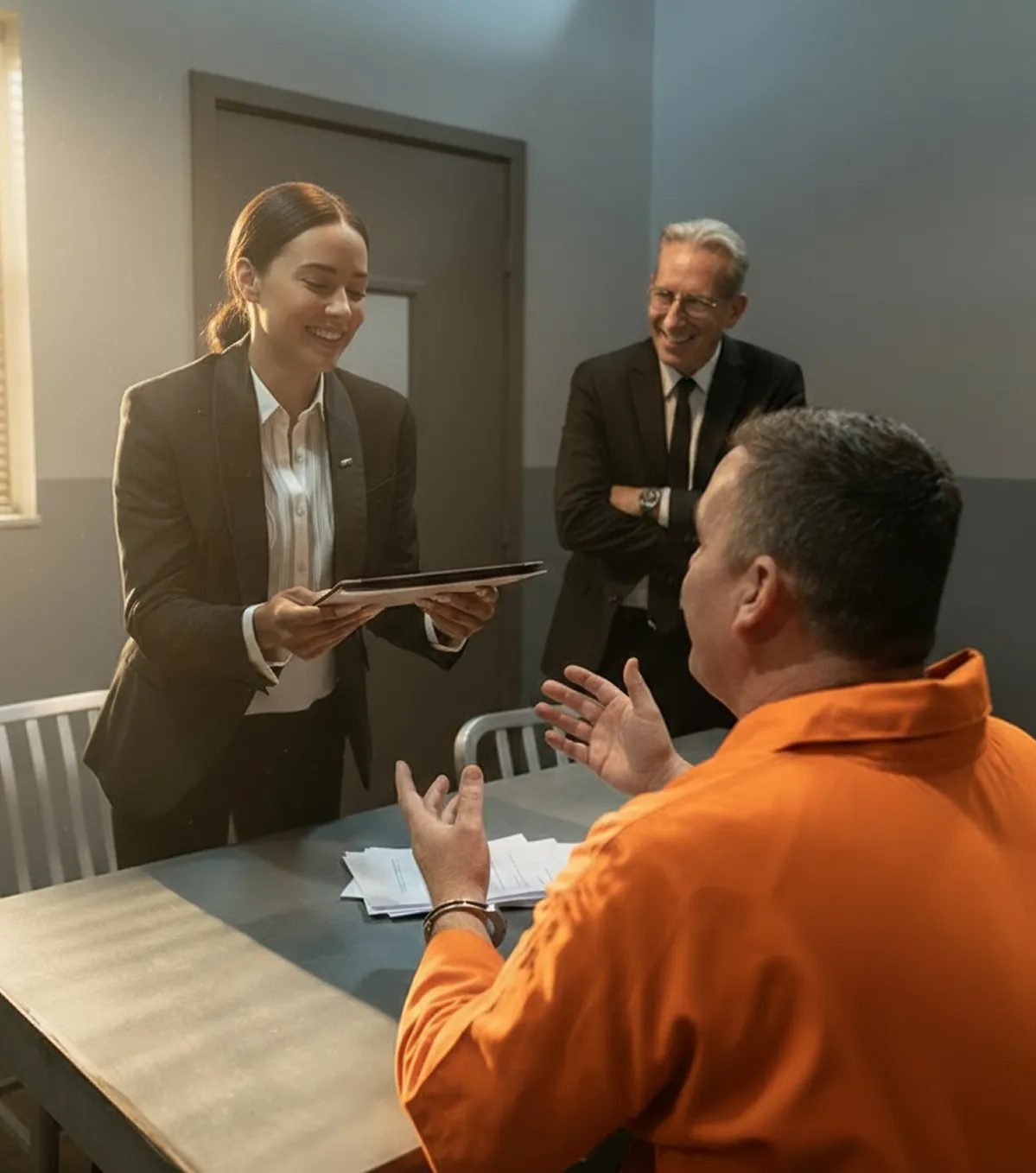 Attorney explaining bail process to client inside OnCall Bail Bonds office.