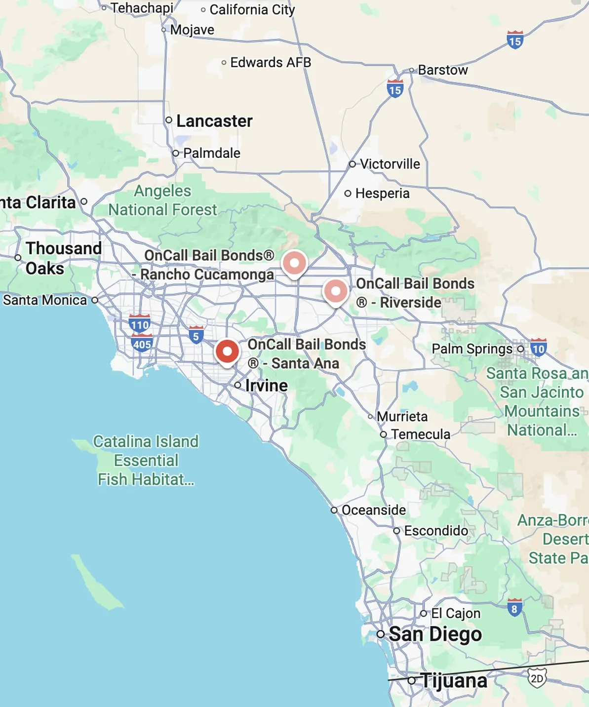 Southern California map showing OnCall Bail Bonds office network