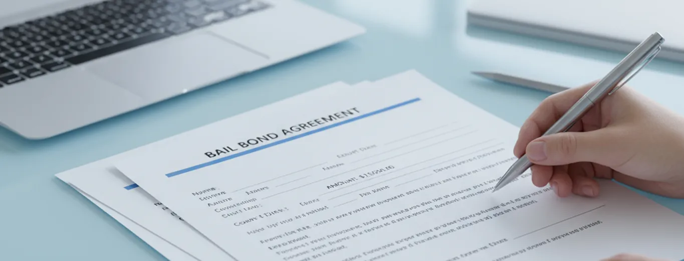 Person signing bail paperwork during OnCall Bail Bonds process.