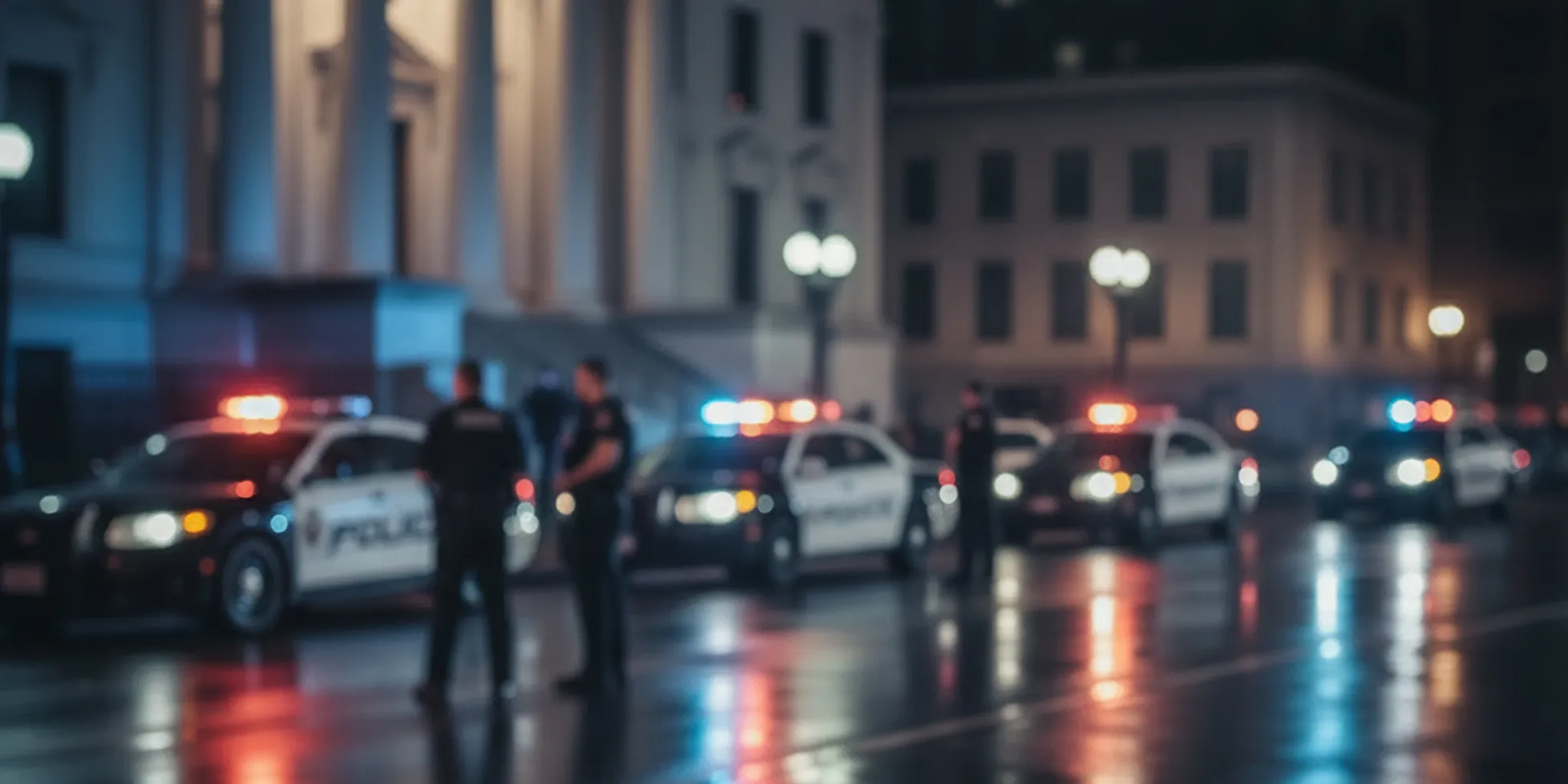 Police patrol cars driving through downtown streets at night in San Bernardino, California