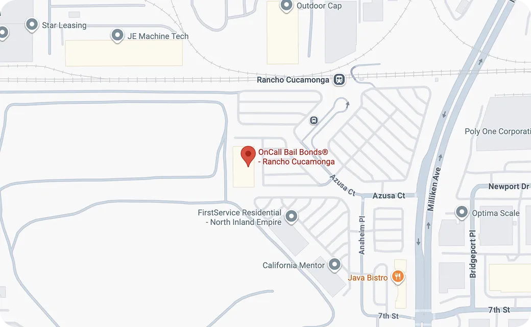 Map showing OnCall Bail Bonds office location near downtown San Bernardino.