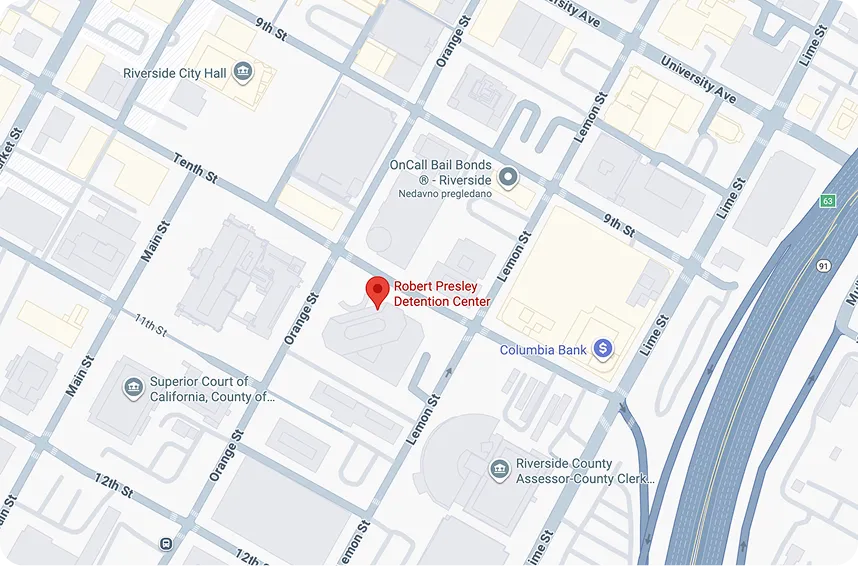 Map highlighting Presley Detention Center area in Riverside County, California.