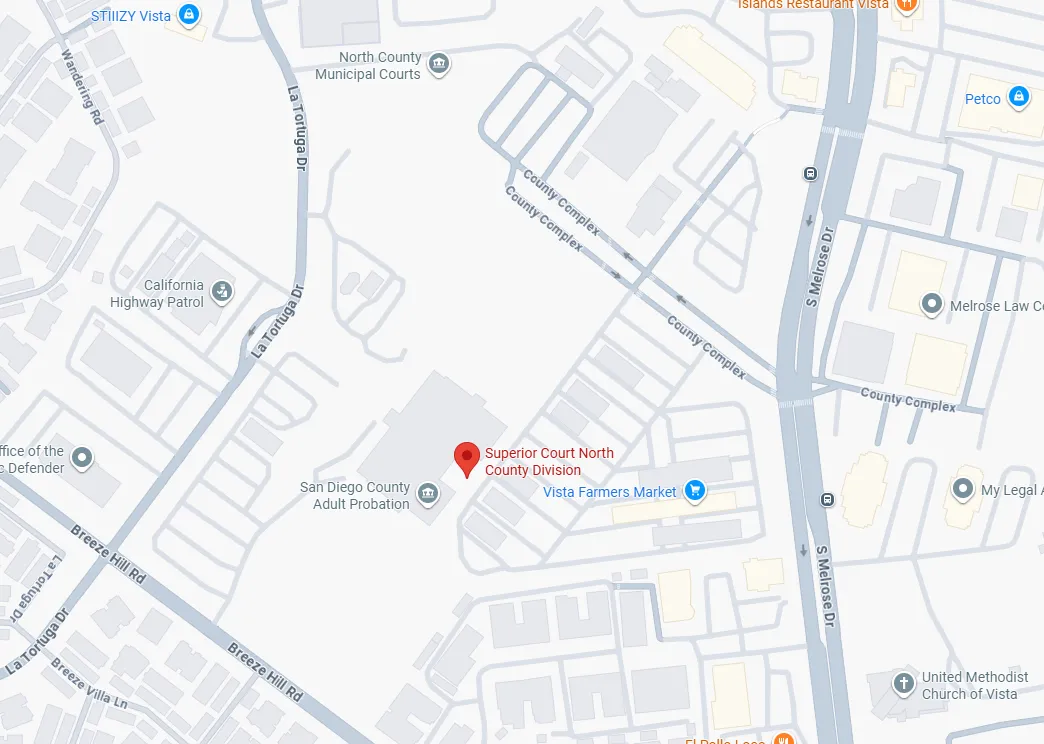 Map view of Vista Detention Facility and surrounding area in North San Diego County.