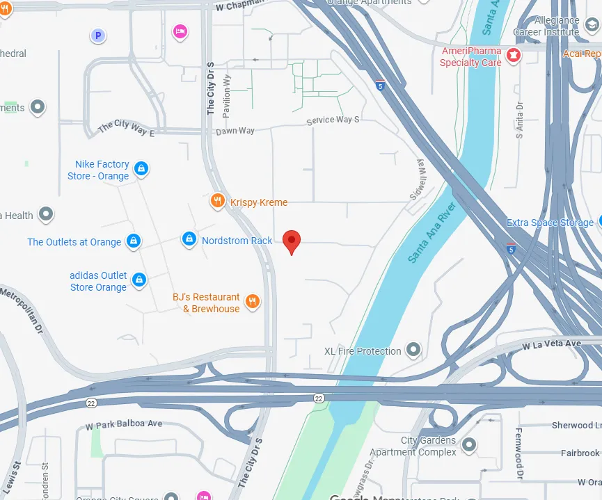 Map showing Theo Lacy Facility and nearby Orange County area.