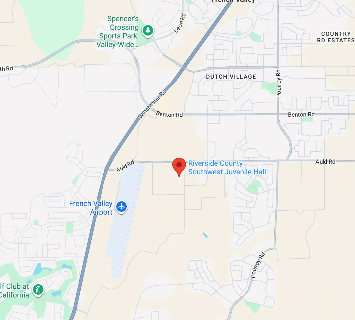 Map showing Southwest Detention Center in Murrieta, California.