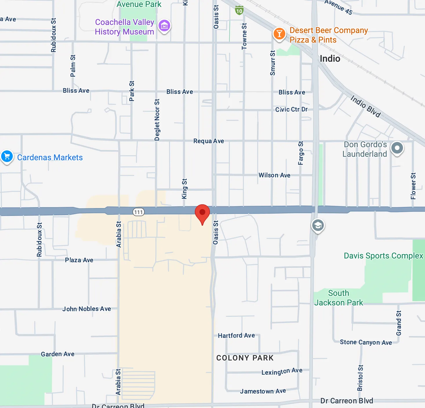 Map highlighting Indio Jail and Riverside County Sheriff’s Office area.