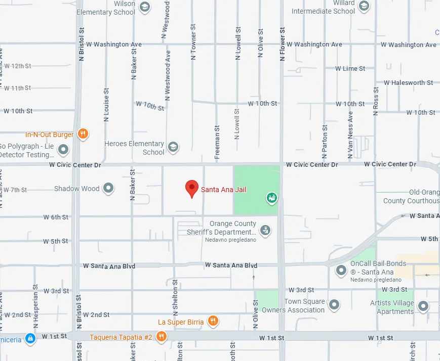 Map showing Santa Ana Jail and nearby OnCall Bail Bonds office in Orange County.