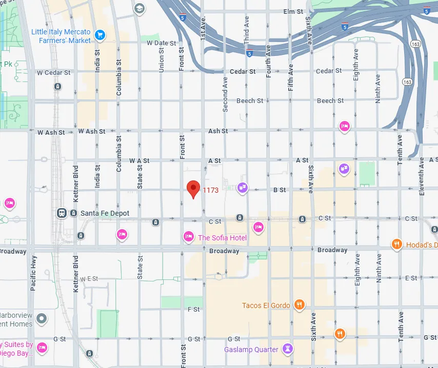 Map of downtown San Diego with OnCall Bail Bonds location marked.