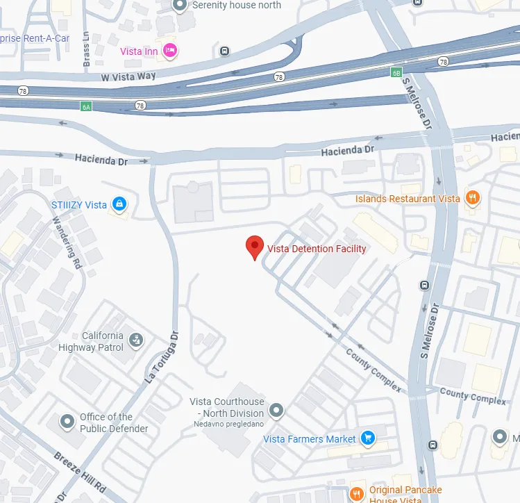 Map showing Vista Detention Facility location in Vista, California.