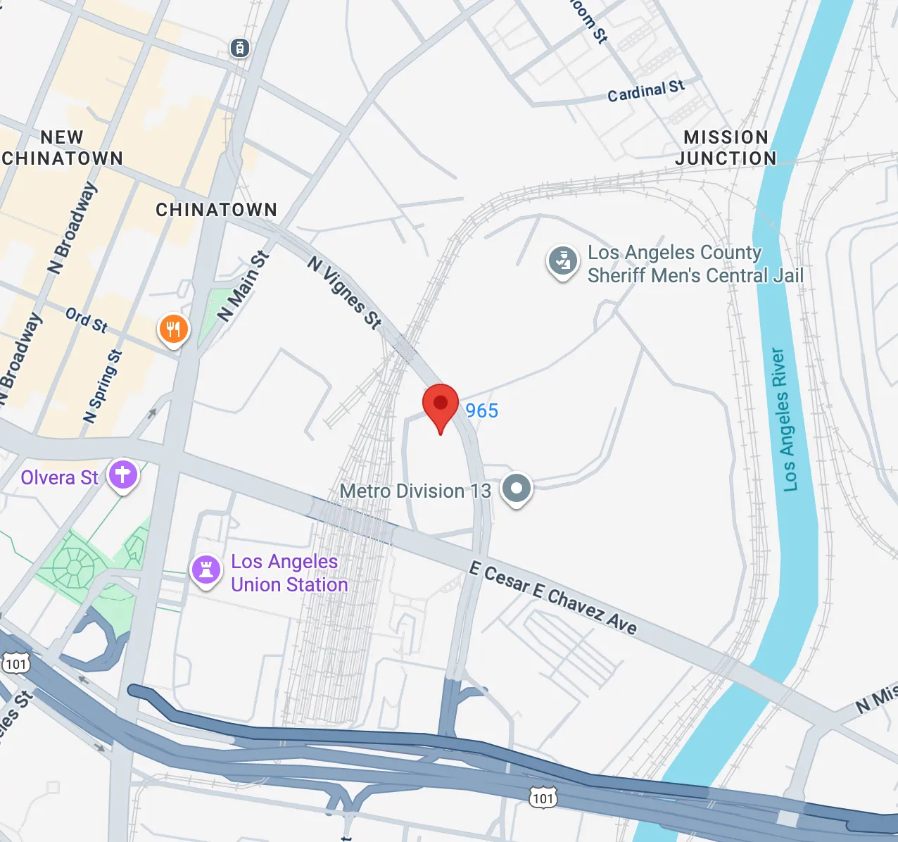 Los Angeles map showing downtown area and nearby OnCall Bail Bonds location.