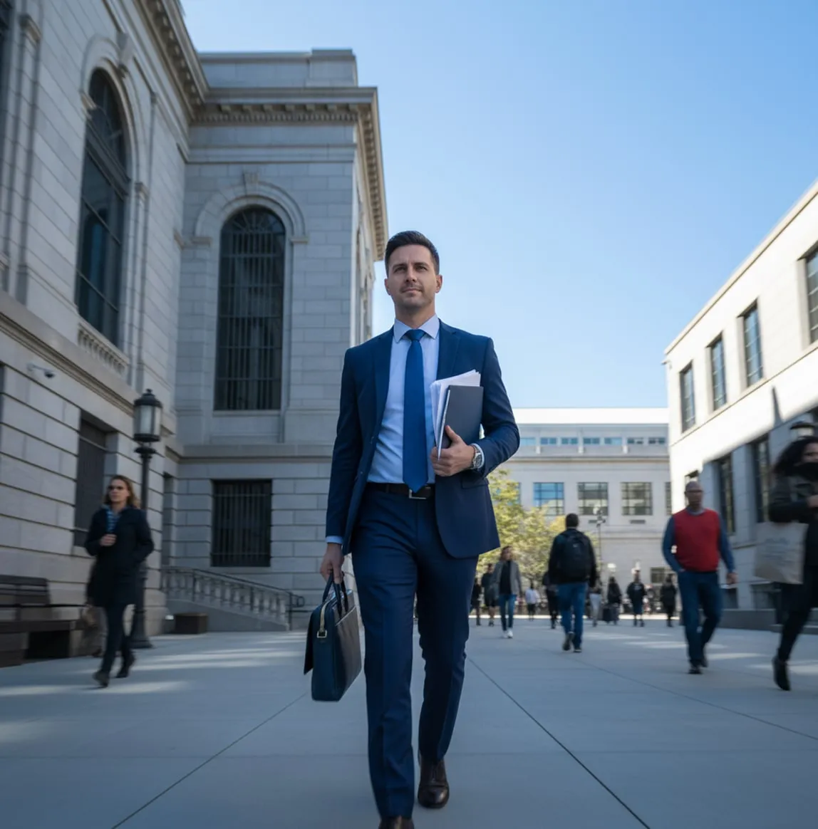 Man in a suit carrying papers and a briefcase outside a courthouse