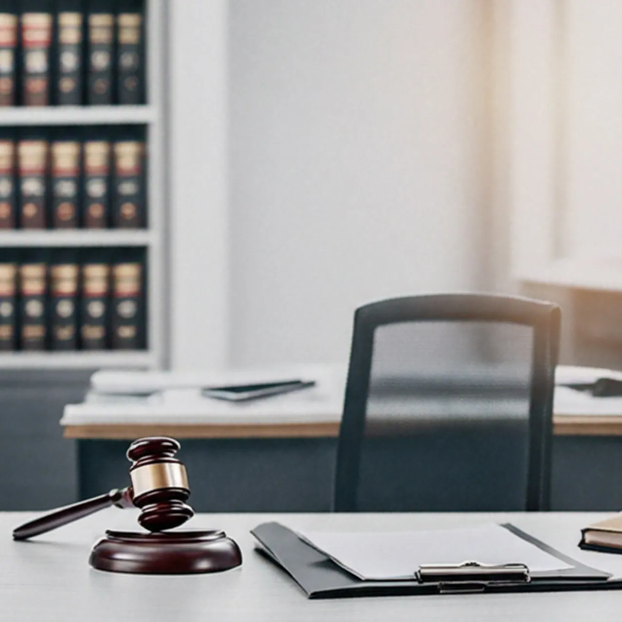Judge's gavel on a desk in a law office