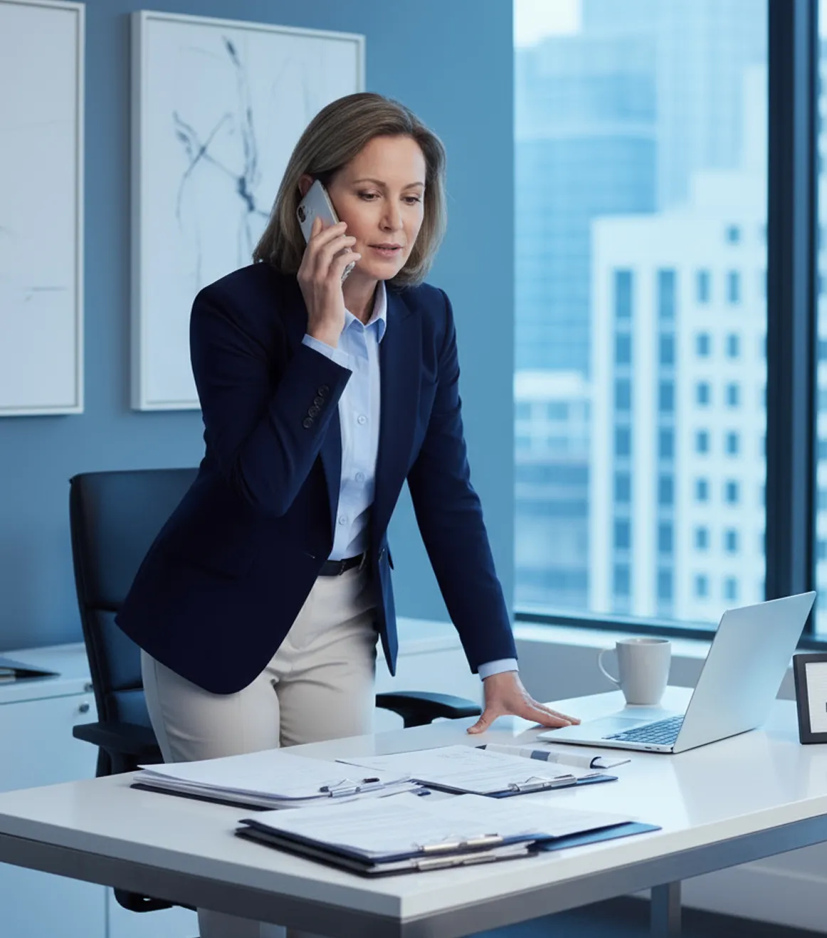 Woman on a phone call standing at an office desk with paperwork