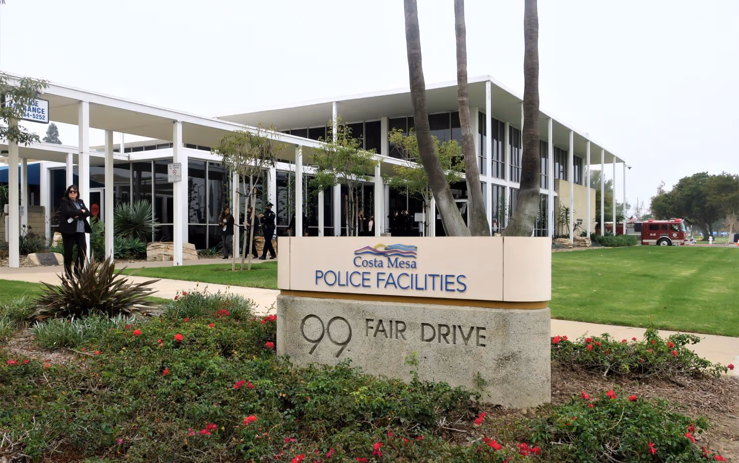 Sign for the Costa Mesa Police Facilities at 99 Fair Drive in front of the building