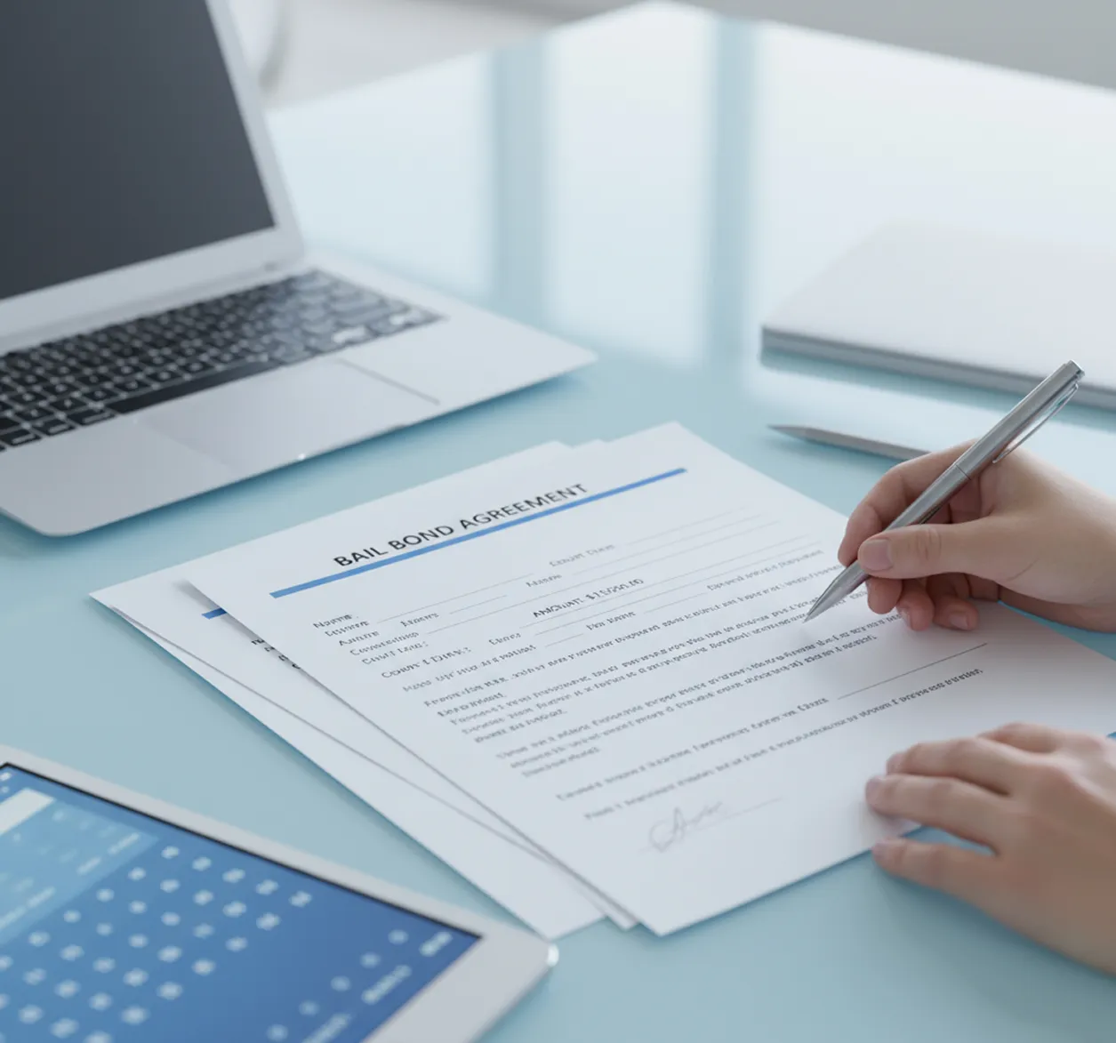 Hand signing a bail bond agreement next to a laptop