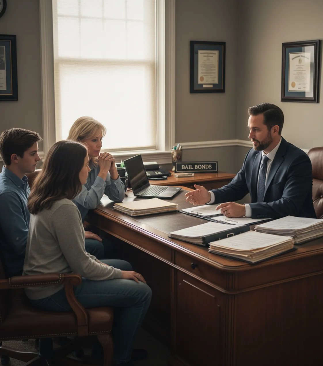 Family meeting with an advisor across a desk in an office