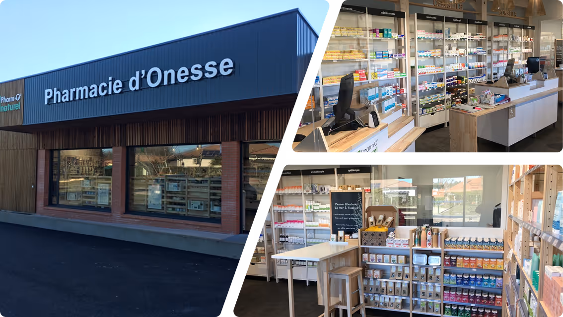 Collage of Pharmacie d'Onesse showing the exterior storefront with signage and interior views of counters and shelves stocked with medicines and health products.
