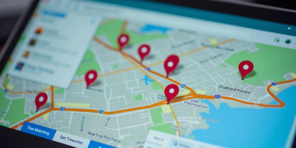 Map with pinpoint markers and address tools.