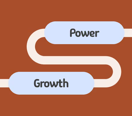 Red Background with two light blue ovals that say "power" and "growth". There is a swooping white line that connects the two ovals.